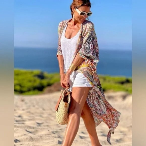 ZARA GRAPHIC PRINT TIED WAIST COAT KIMONO - Picture 5 of 8